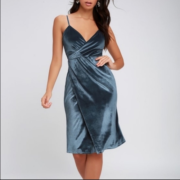 Lulu's Blue Velvet Wrap Sleeveless Dress Small - Picture 1 of 9